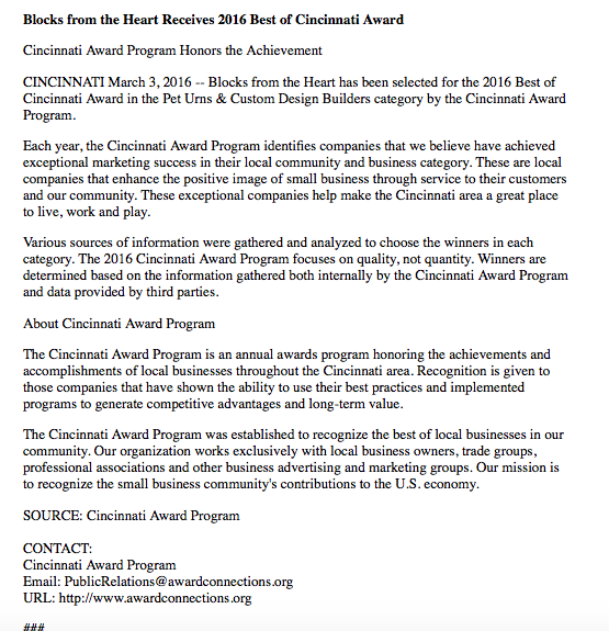 Best Cincinnati Award Blocks From The Heart 
